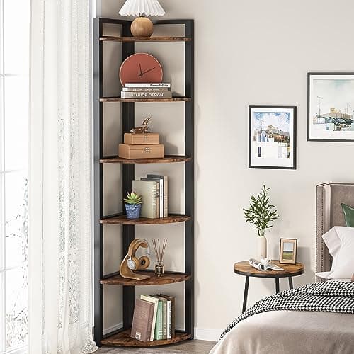Rustic 6-Tier Corner Shelf for Home Office and Small Spaces