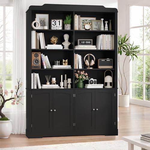 73.1" Tall Black Bookcase with Doors and Adjustable Shelves for Living Room and Home Office