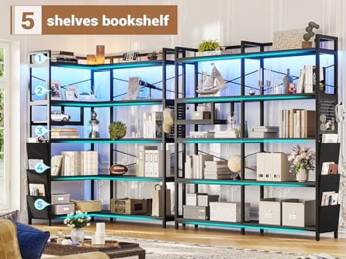 Itaar Corner Bookshelf with Pegboard & LED Light, Black 63" W