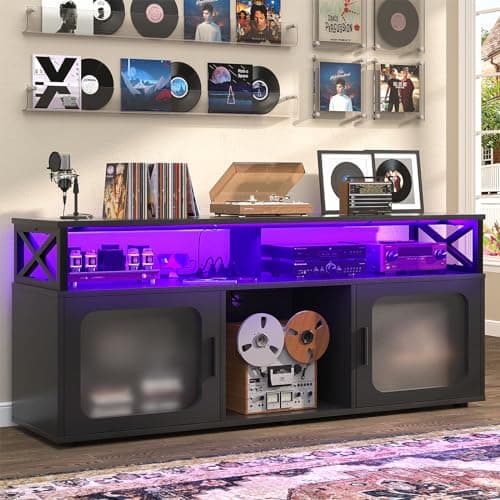 TV Stand for 55-60 Inch TV with LED Light, Charging Station, and Soundbar Shelf