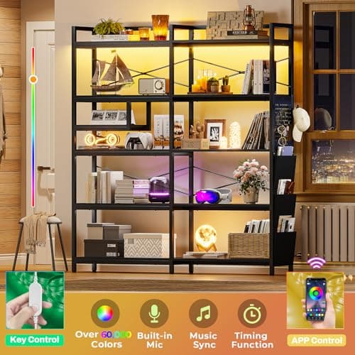 Itaar Corner Bookshelf with Pegboard & LED Light, Black 63" W