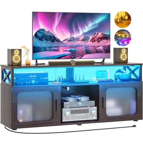 TV Stand for 55-60 Inch TV with LED Light, Charging Station, and Soundbar Shelf