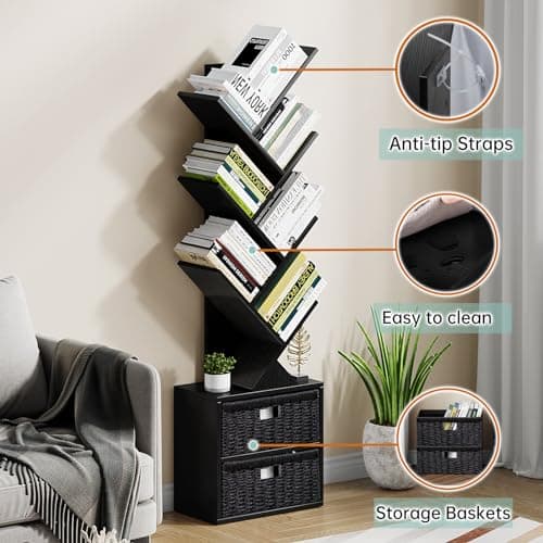 6 Tier Tree Bookshelf with Storage Drawer