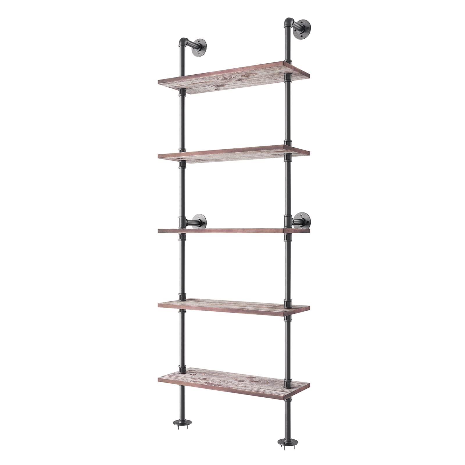 Industrial Pipe Solid Wood Ladder Shelf 5 Tier Wall Mounted Bookcase Storage