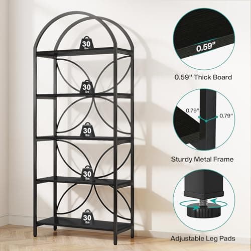Tribesigns 5-Tier Industrial Bookshelf, Black Metal Frame Tall Bookcase