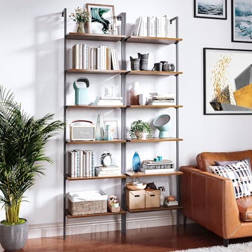 6-Tier Wall Mounted Ladder Shelf with Metal Frame, Rustic Brown