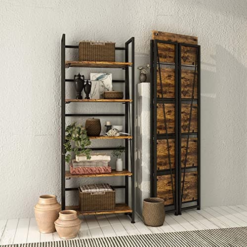 Vintage Folding Bookshelf Storage Shelves - 5 Tiers Multifunctional Plant Stand Bookcase for Home Office