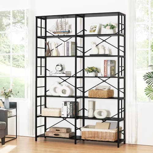 Wide 7-Tier Industrial Bookshelf with Metal Frame for Living Room and Office
