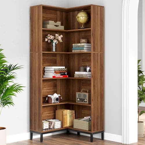Corner Bookcase with 6-Tiers, Industrial Style Wooden Etagere Display Rack