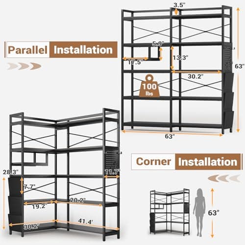 Itaar Corner Bookshelf with Pegboard & LED Light, Black 63" W