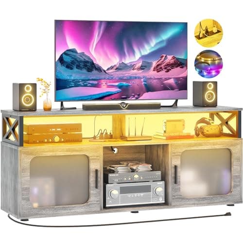 TV Stand for 55-60 Inch TV with LED Light, Charging Station, and Soundbar Shelf