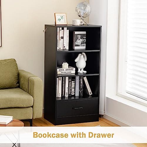 Tangkula 3 Tier Bookcase with Drawer, Modern Display Storage Organizer