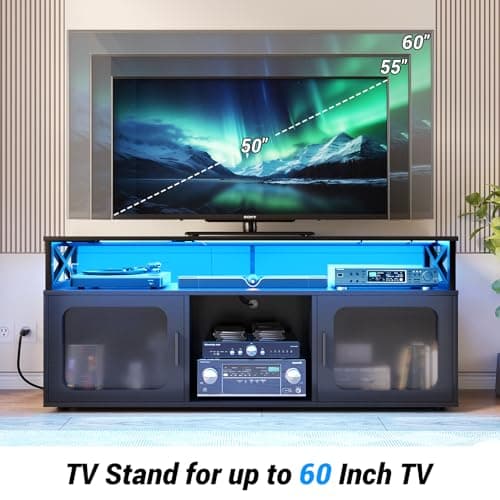 TV Stand for 55-60 Inch TV with LED Light, Charging Station, and Soundbar Shelf