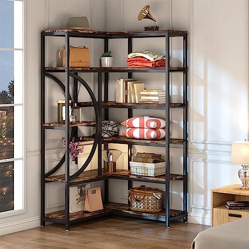 6-Tier Industrial Corner Bookshelf with Metal Frame, Rustic Brown