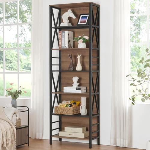 7-Tier Rustic Wood Metal Bookshelf for Home Office, Living Room and Bedroom