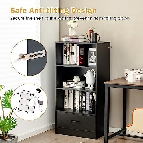 Tangkula 3 Tier Bookcase with Drawer, Modern Display Storage Organizer