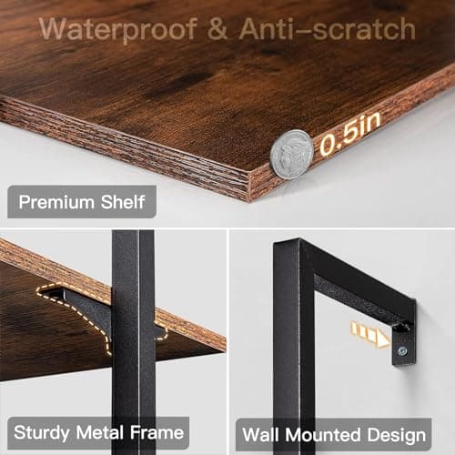 6-Tier Wall Mounted Ladder Shelf with Metal Frame, Rustic Brown
