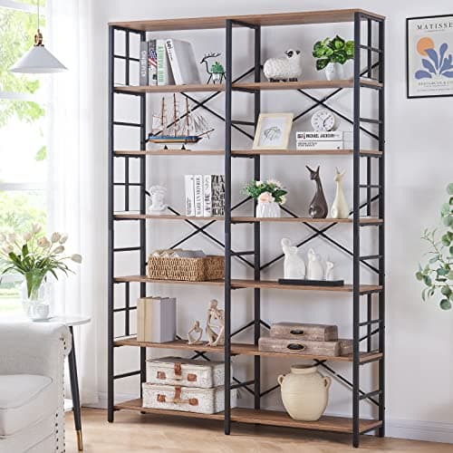 84 Tall Industrial Double Wide 7-Tier Bookshelf for Living Room or Home Office