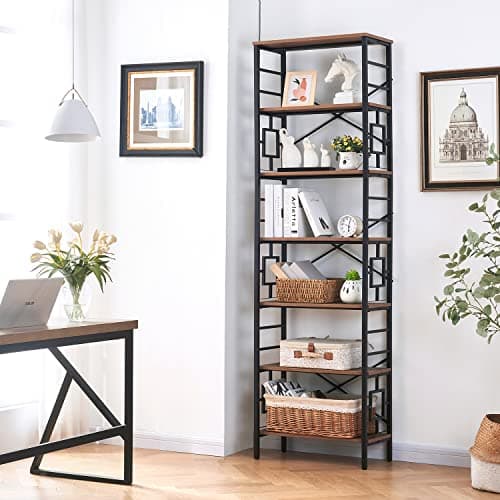 Industrial 7-Tier Tall Bookshelf with Metal Frame, Open Shelves, Rustic Brown Finish for Office, Living Room, Bedroom - 84 Inch