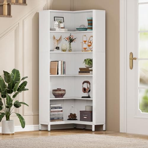 Corner Bookcase with 6-Tiers, Industrial Style Wooden Etagere Display Rack