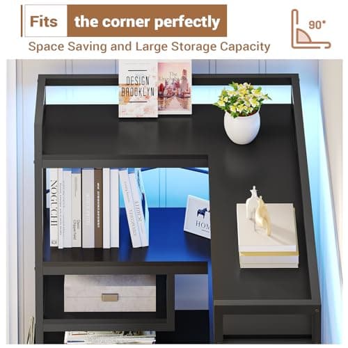 Itaar Corner Bookshelf with Pegboard & LED Light, Black 63" W