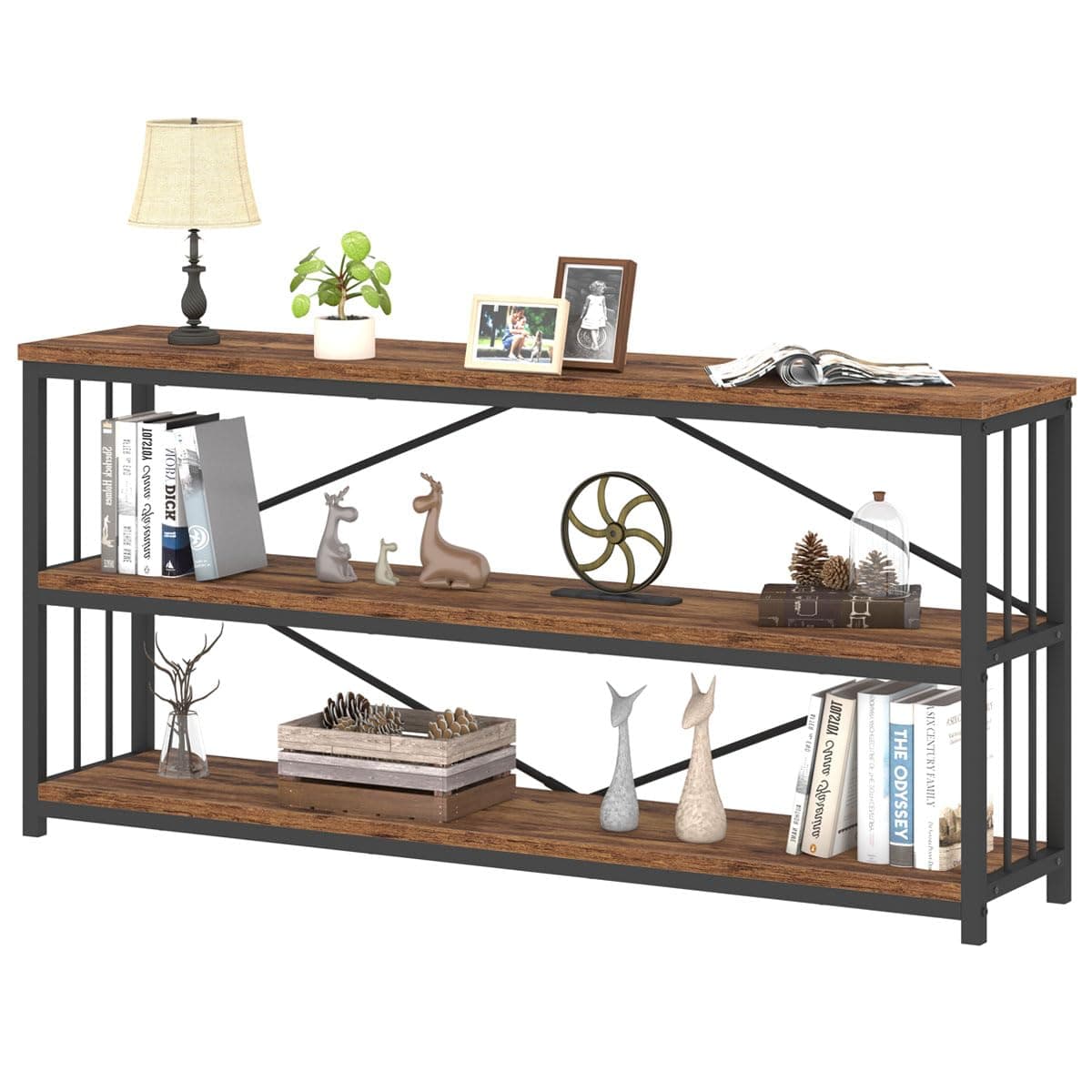 Rustic 3 Tier Bookshelf, Industrial Horizontal Wood Bookcase, Vintage Metal Etagere for Home Office Bedroom Living Room