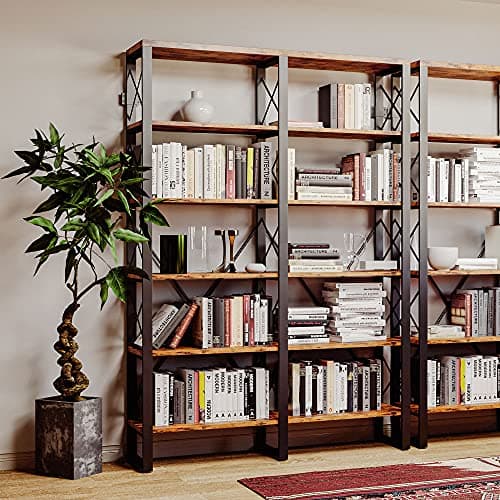IRONCK Industrial Style Double Wide 6-Tier Wood and Metal Bookshelf, 76" Tall Home Office Bookcase, Easy Assembly