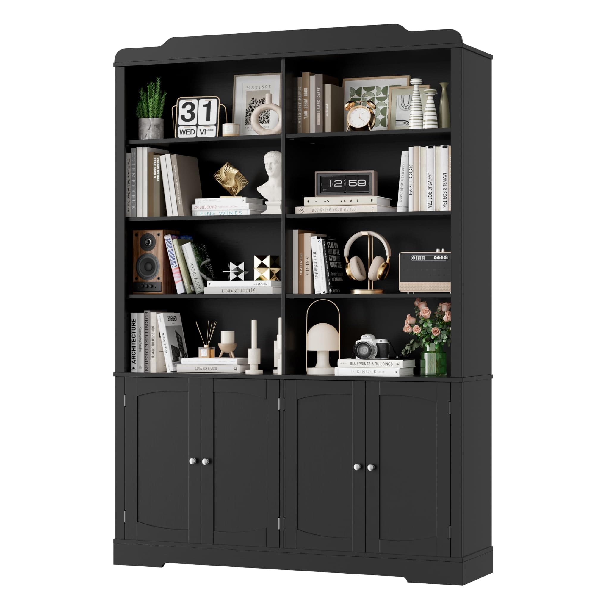 73.1" Tall Black Bookcase with Doors and Adjustable Shelves for Living Room and Home Office