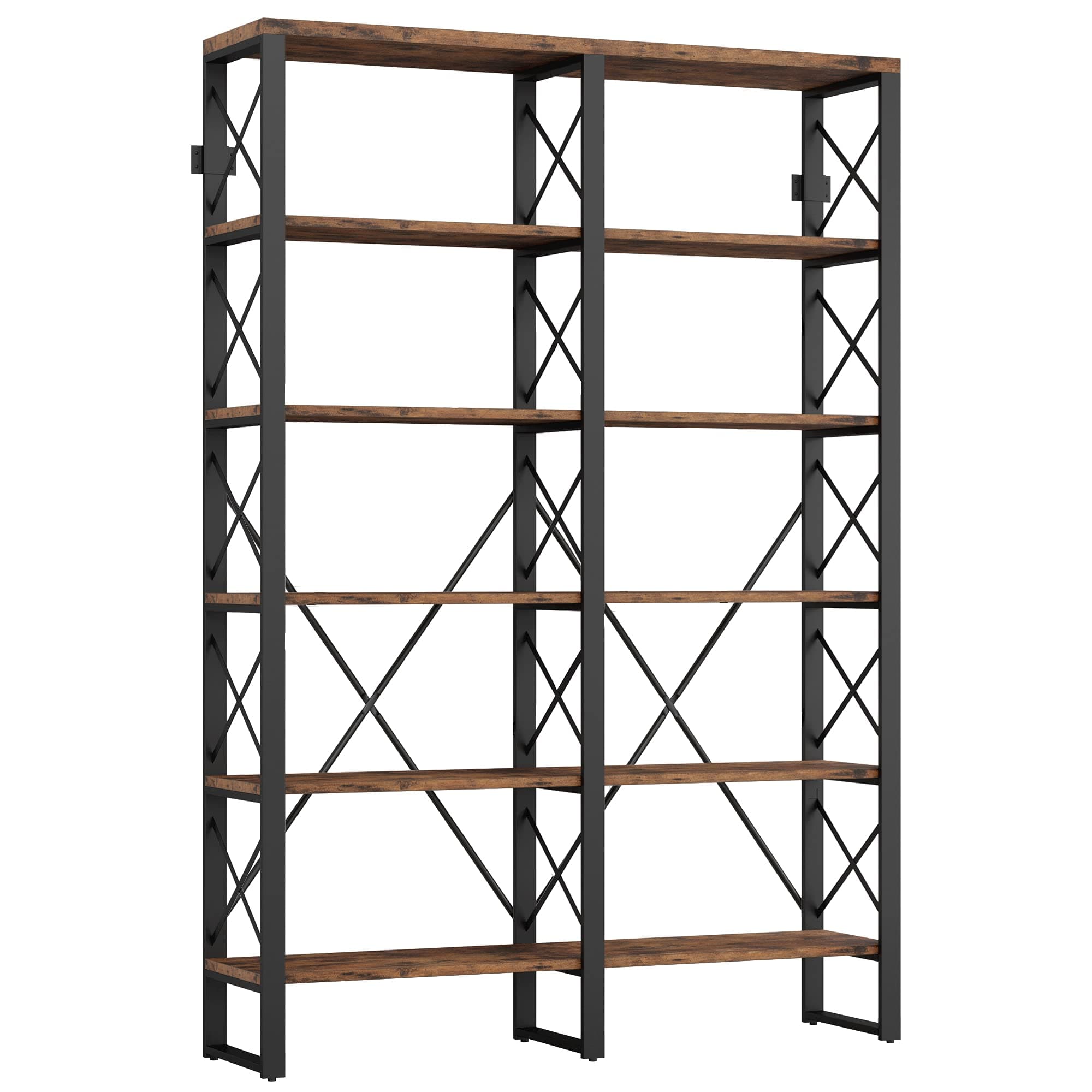 IRONCK Industrial Style Double Wide 6-Tier Wood and Metal Bookshelf, 76" Tall Home Office Bookcase, Easy Assembly
