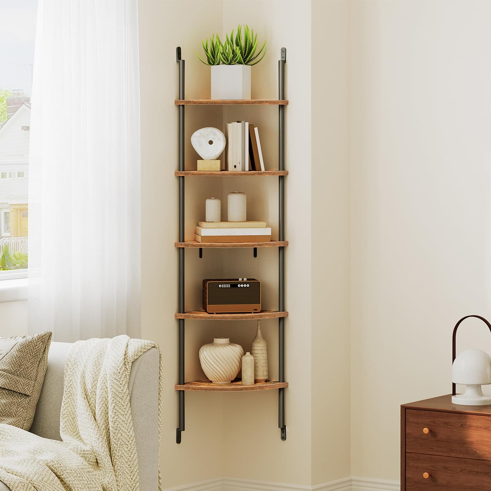 Corner Shelf Wall Mounted for Living Room, Kitchen, Study - Rustic Brown and Black