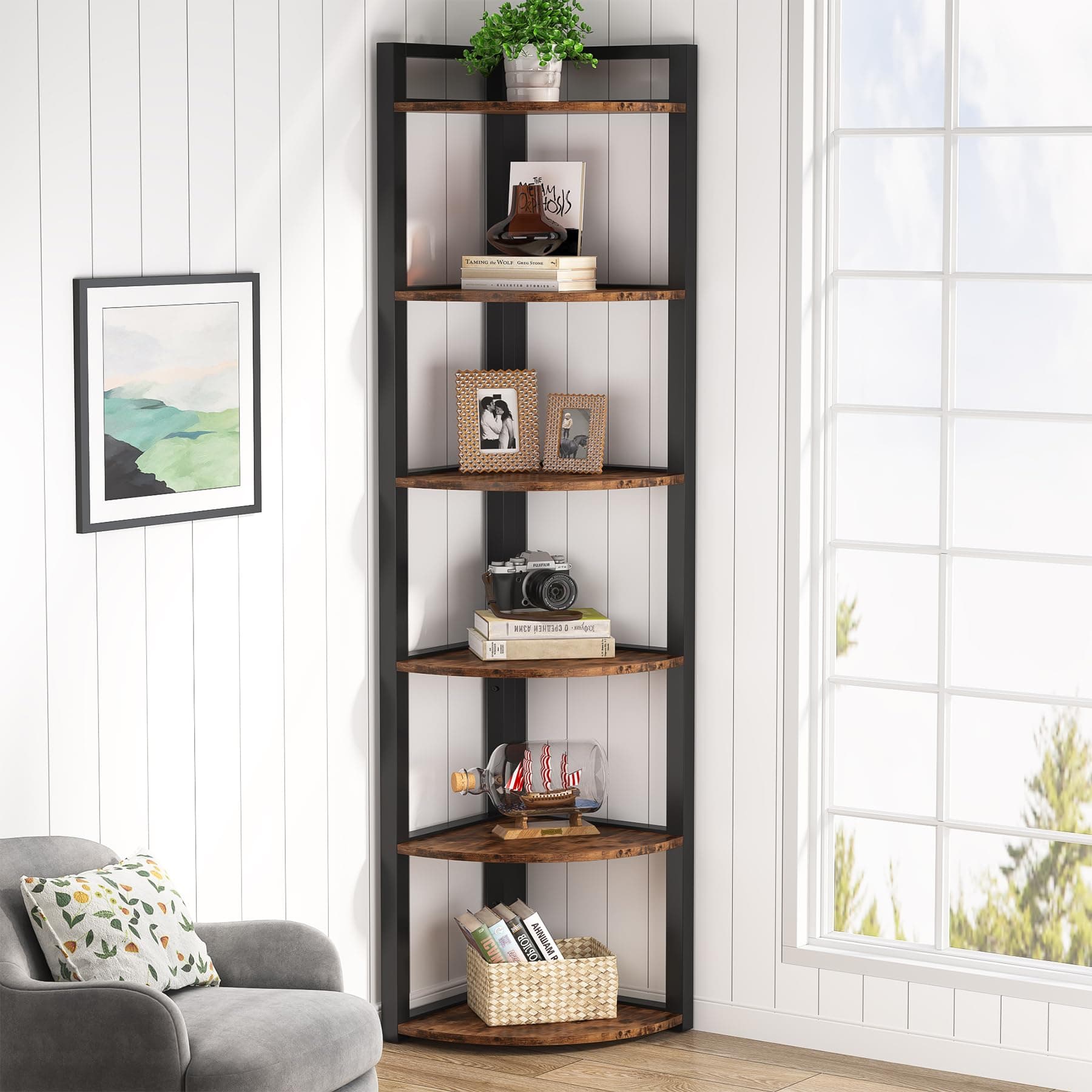Rustic 6-Tier Corner Shelf for Home Office and Small Spaces