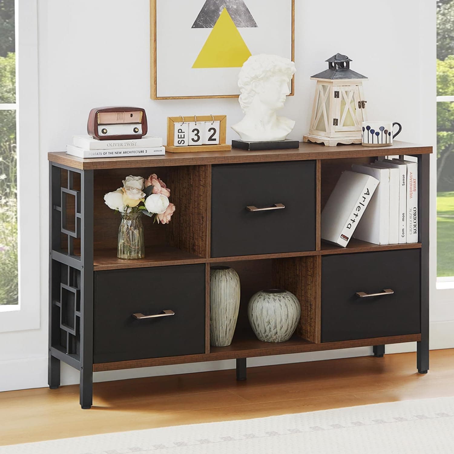 HOMISSUE 6 Cube Rustic Storage Shelf for Living Room and Office – Brown Metal Frame Bookcase with 3 Bins