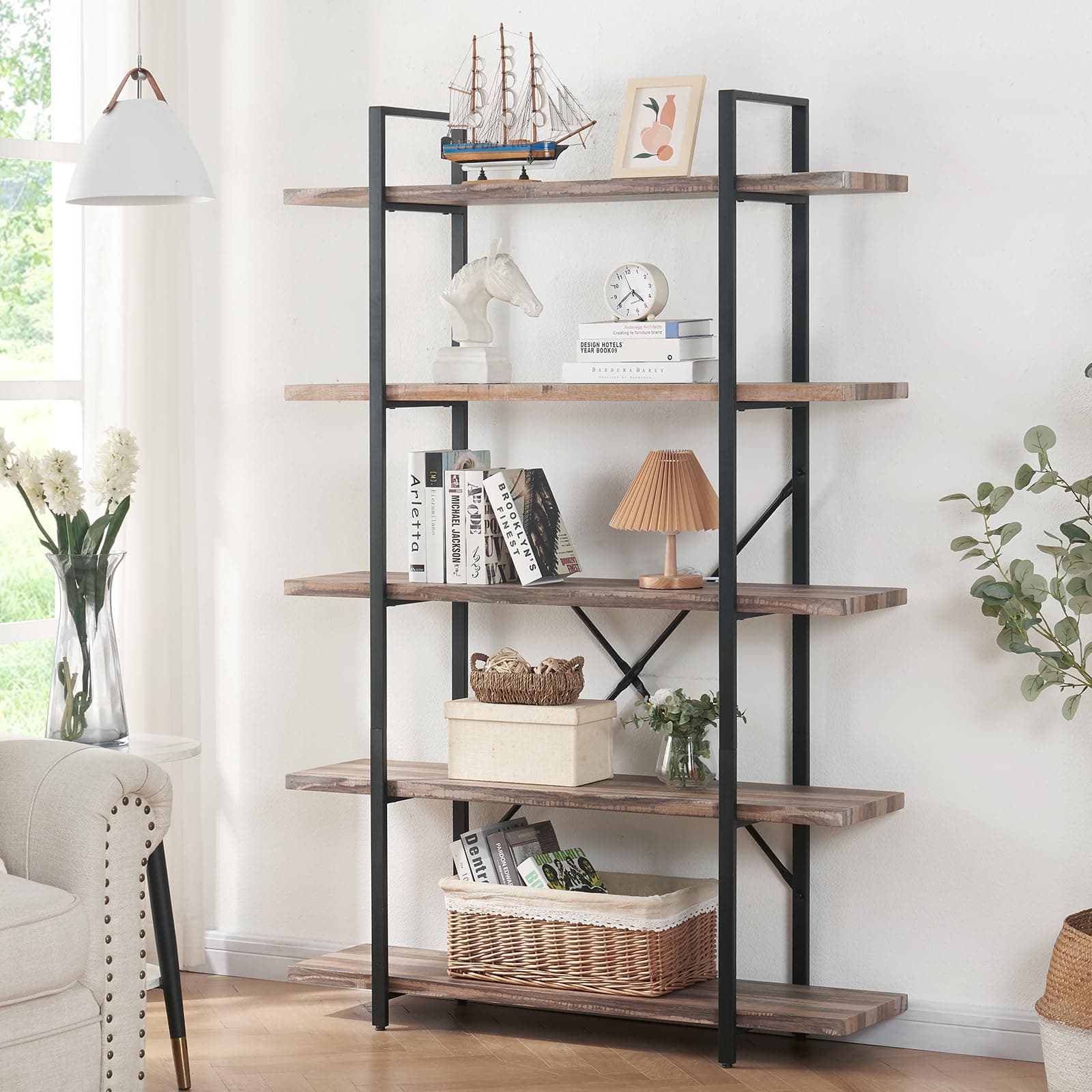 5-Tier Industrial Bookshelf for Home or Office, 70 Tall Rustic Storage Rack