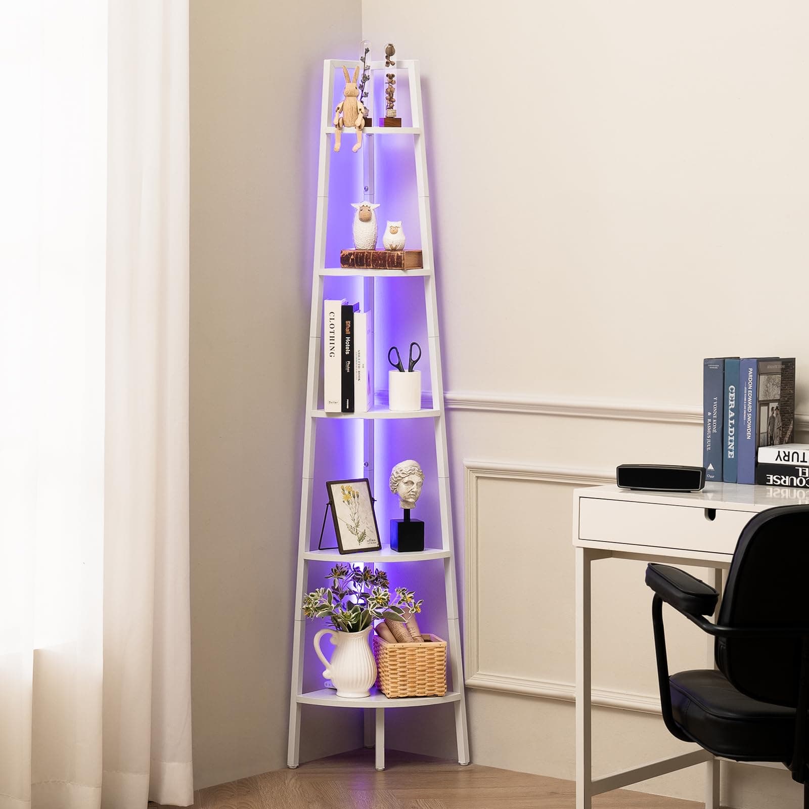 5-Tier Corner Shelf Stand with LED Light for Bedroom and Office