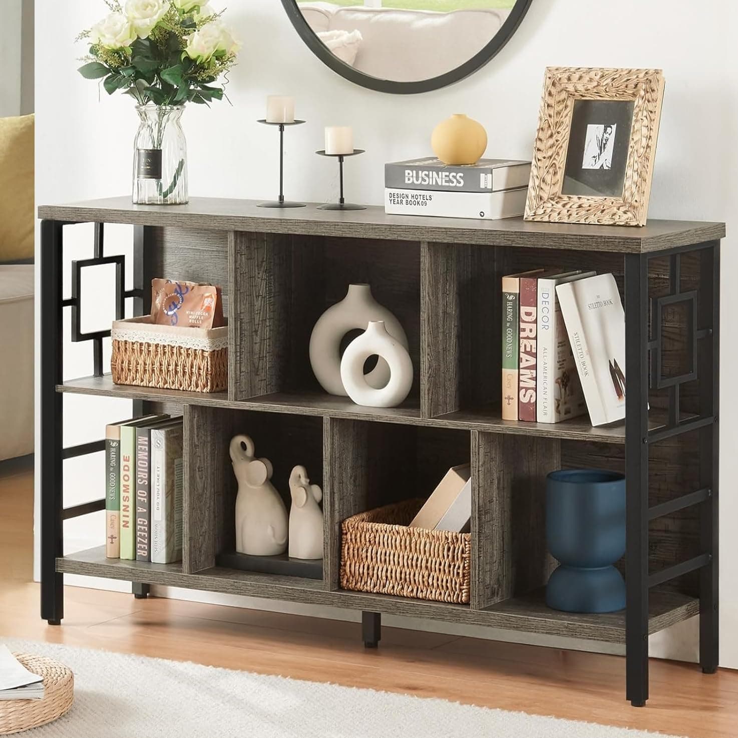 HOMISSUE 3-Tier Rustic Cube Storage Organizer - Industrial Horizontal Bookshelf for Living Room, Office, and Entryway in Grey