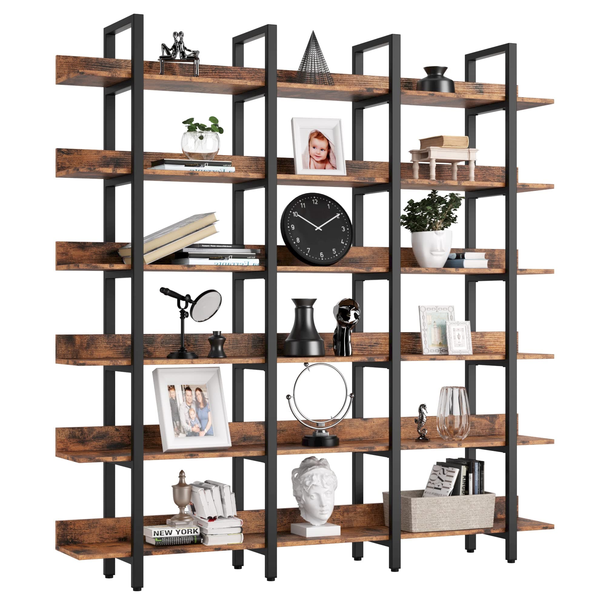 IRONCK Triple Wide 6 Tiers Bookcase, Vintage Brown for Home Office