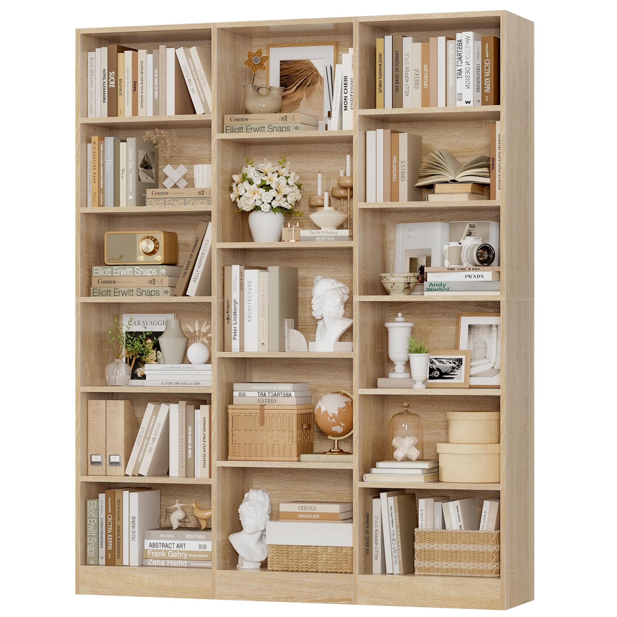 Triple Wide 74'' Tall Bookcase with 17 Shelves, Light Oak, Living Room, Home Office, Library