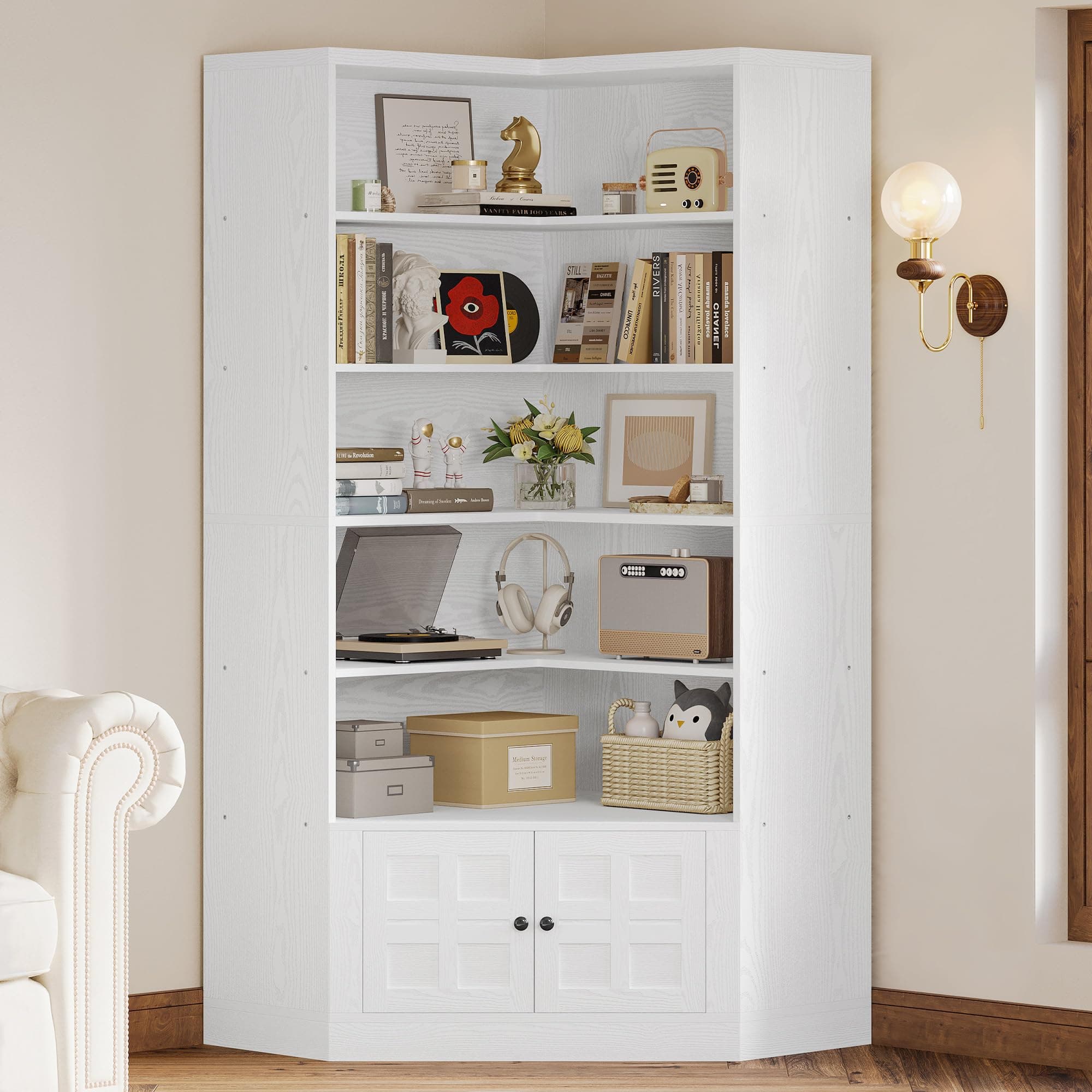 81 White Corner Bookshelf with Door for Home Office or Living Room