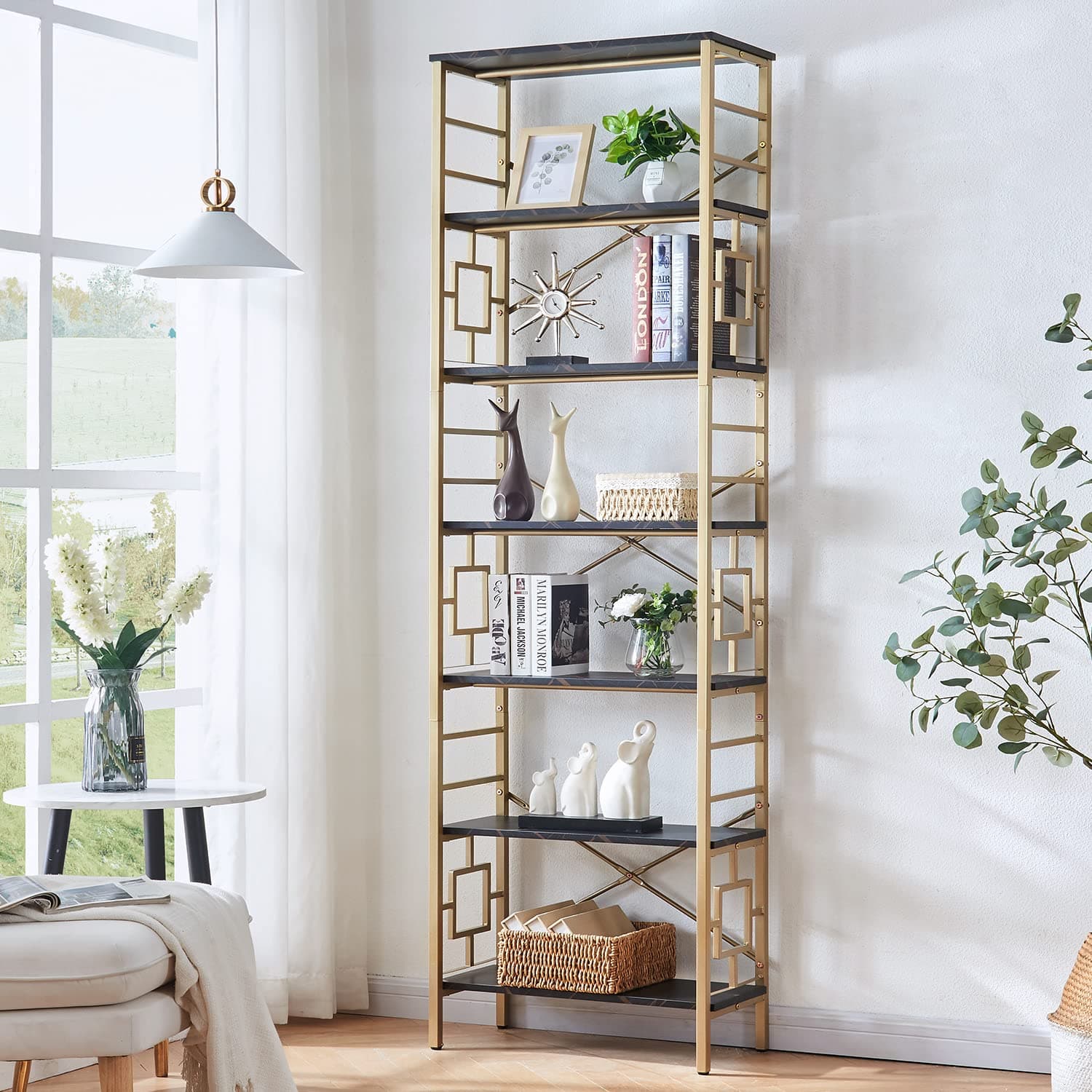 Modern Black & Gold Metal Bookcase for Home Office and Living Room