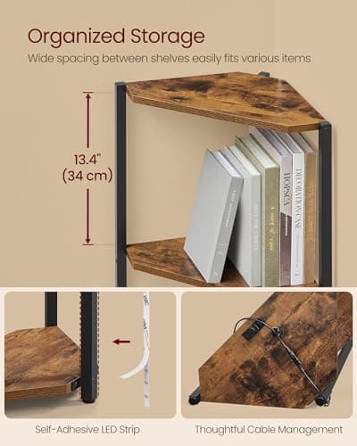 VASAGLE 5-Tier Corner Shelf with LED Lights, Rustic Brown