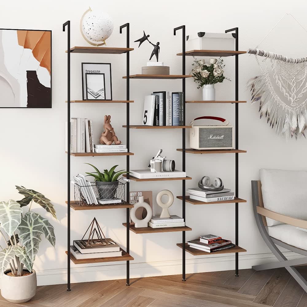 5-Tier Industrial Wooden and Metal Wall Mounted Bookshelf (Rustic Brown, Large)
