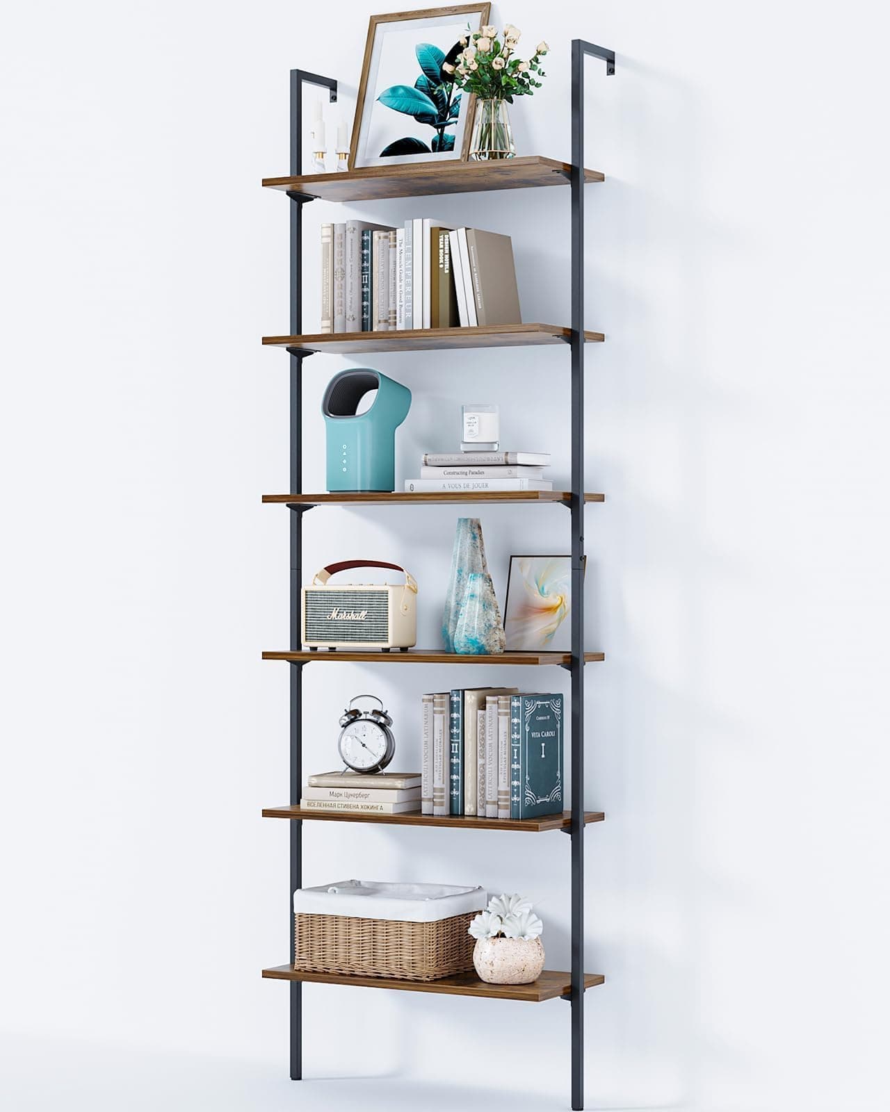 6-Tier Wall Mounted Ladder Shelf with Metal Frame, Rustic Brown