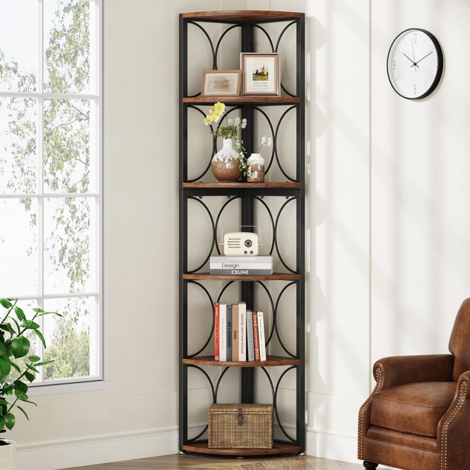 67 inch Rustic Corner Shelf with 6 Tiers for Living Room