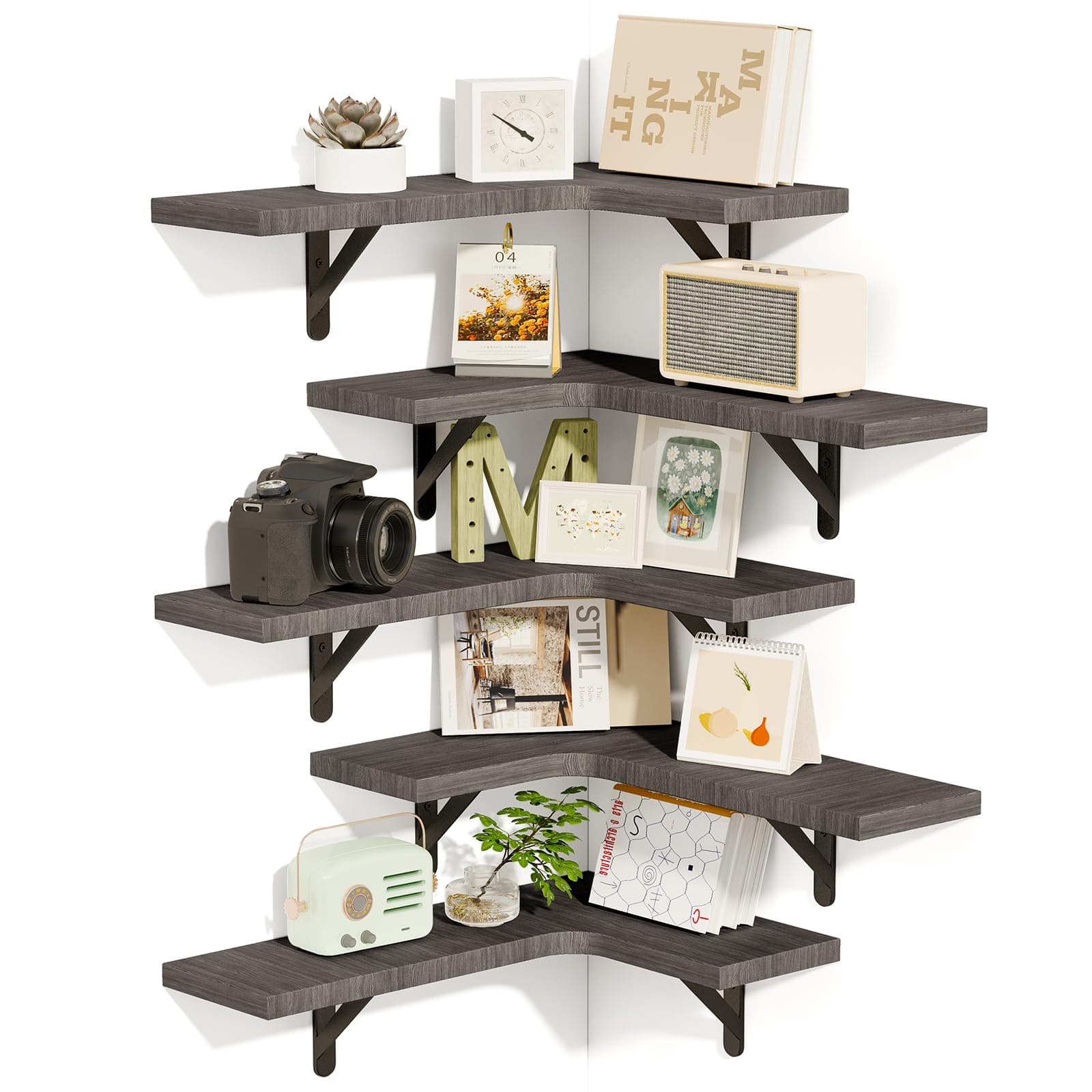 Fixwal Weathered Gray Corner Floating Shelves Set of 5 for Bathroom, Kitchen, and More