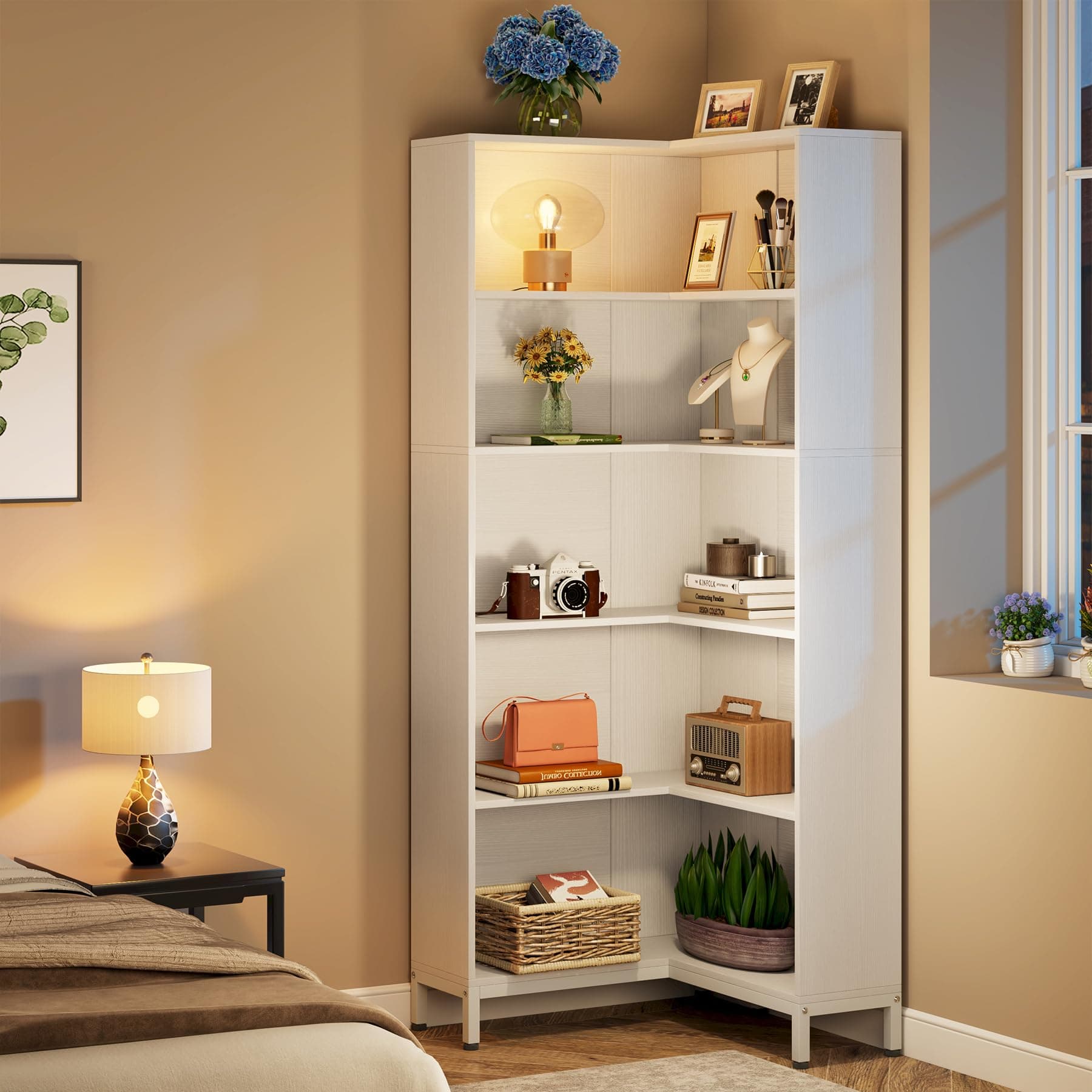 Corner Bookcase with 6-Tiers, Industrial Style Wooden Etagere Display Rack