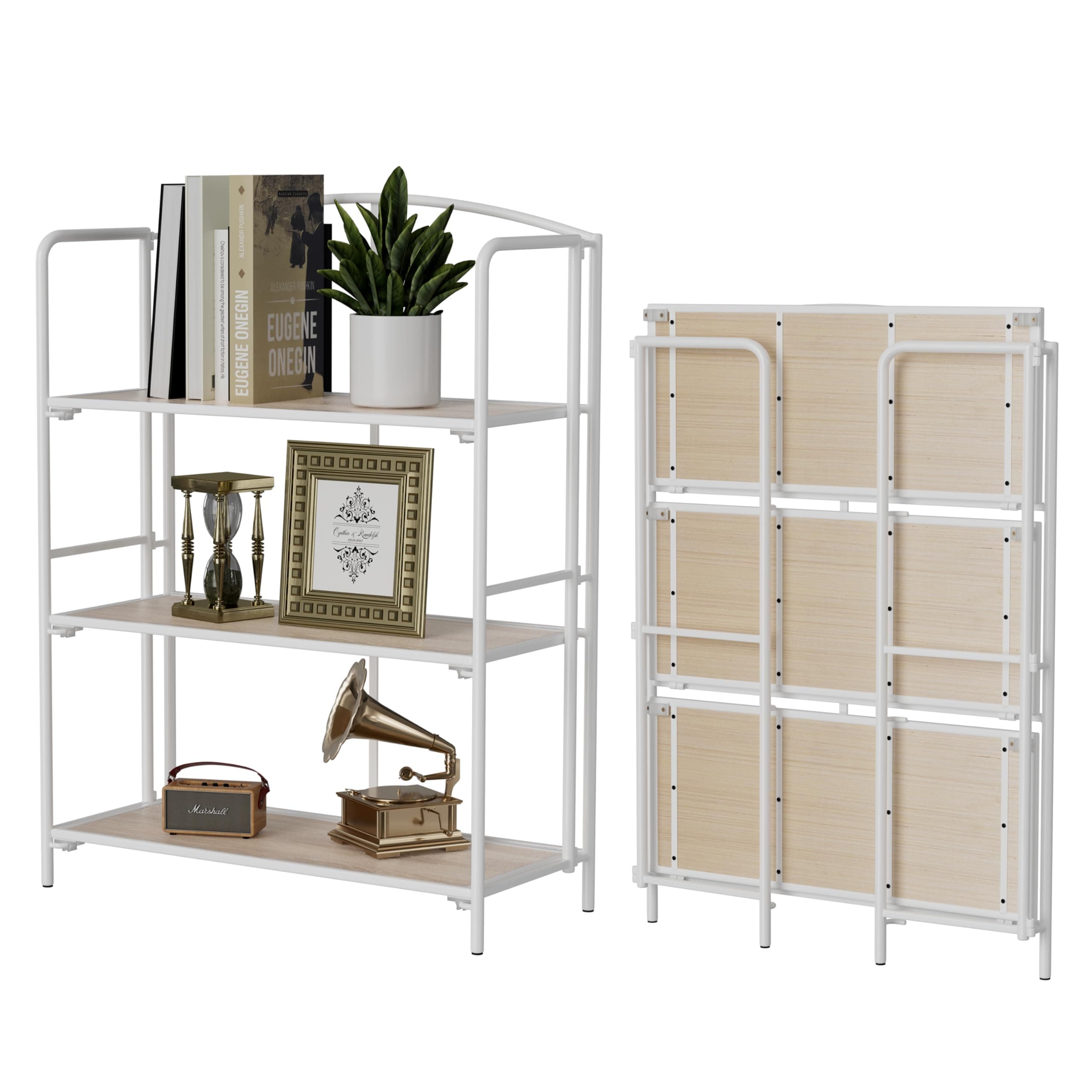 Folding 3 Tier White Metal Bookshelf for Office Storage