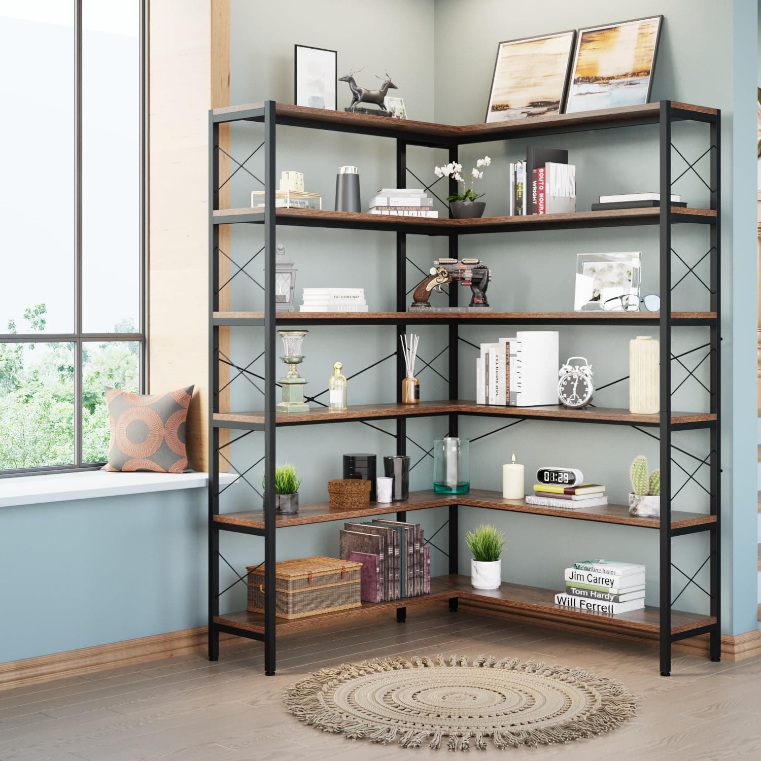 Vintage Industrial 6-Shelf Corner Bookshelf