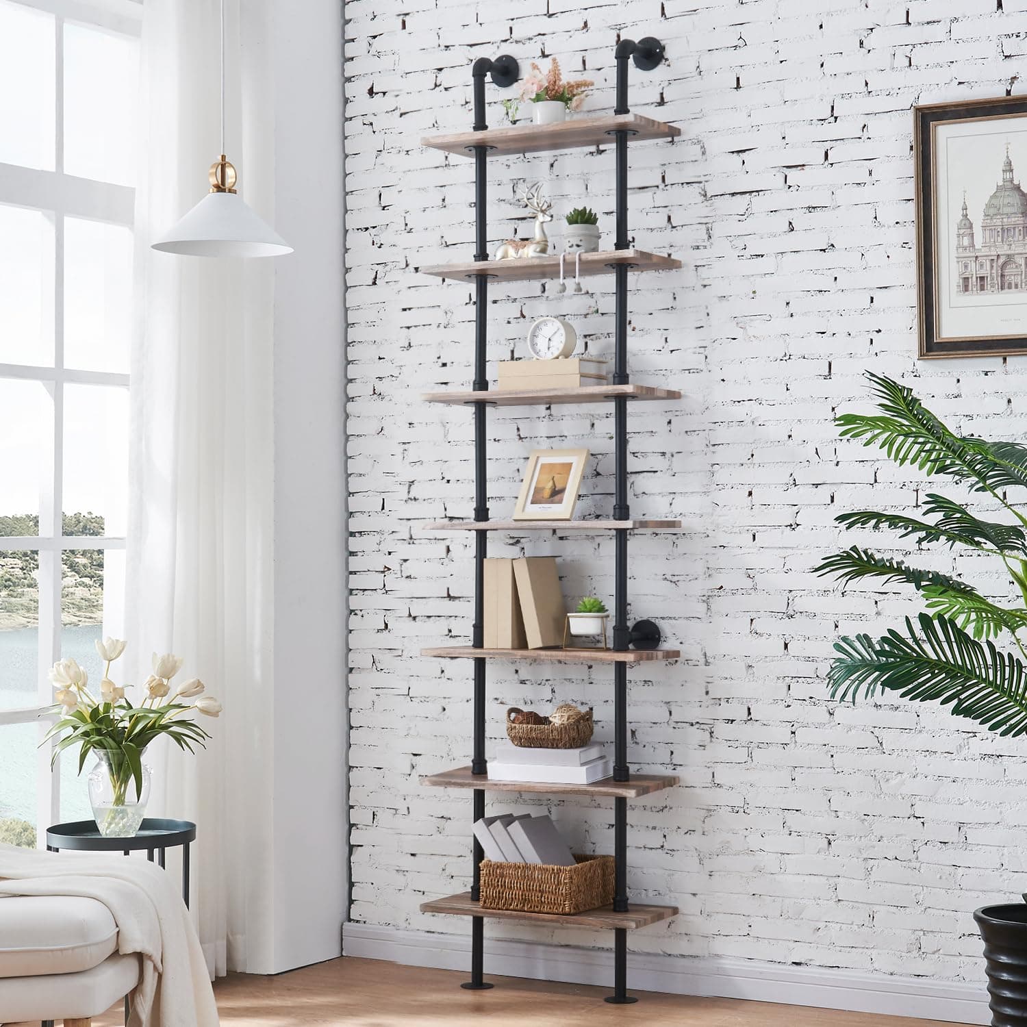 7-Tier Industrial Pipe Bookshelf for Home Office and Living Room