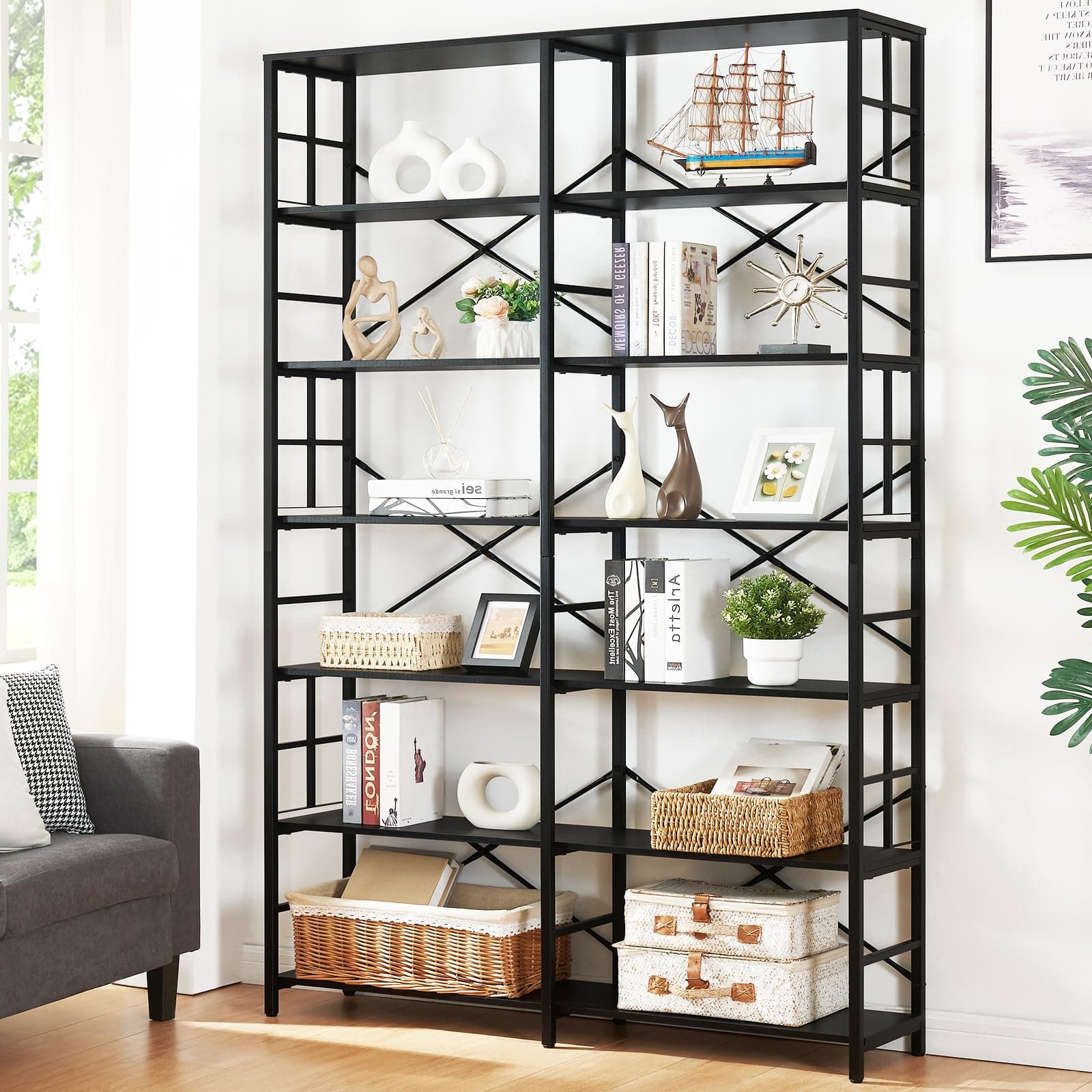 Wide 7-Tier Industrial Bookshelf with Metal Frame for Living Room and Office