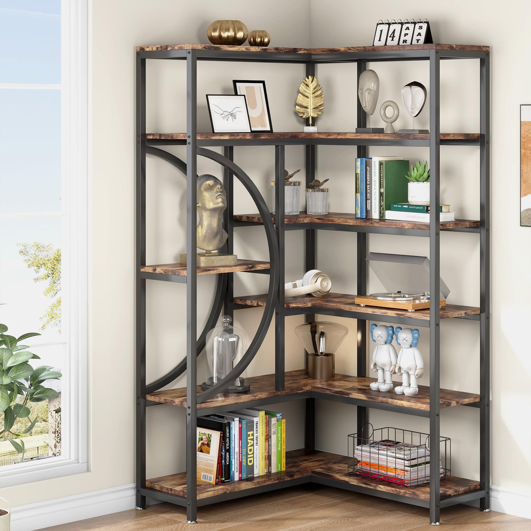 6-Tier Industrial Corner Bookshelf with Metal Frame, Rustic Brown